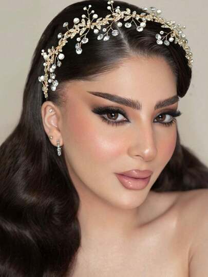 1pc Gold-Tone Alloy & Rhinestone Beaded Bridal Hairband Elegant Boho Tiaras Valentine's Day Accessories