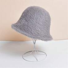 1入組韓國風男女通用保暖漁夫帽，柔軟款式，配有毛邊裝飾，適用於秋冬季 - 灰色 - 查看 7