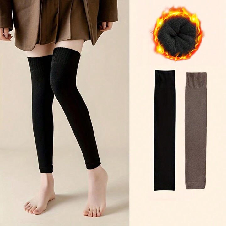 2pairs Women s Knee High Socks With Fleece Lining black brown