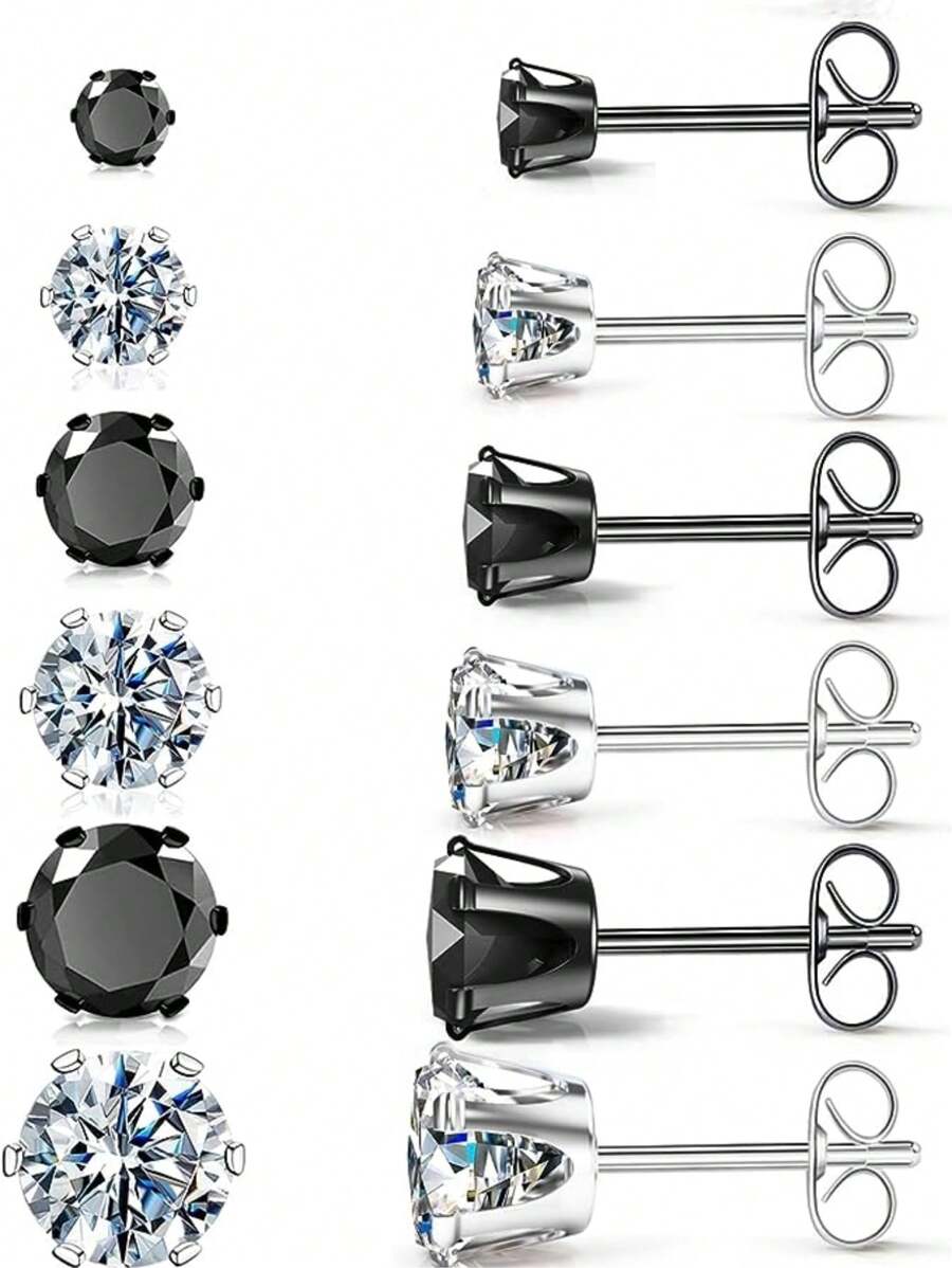 6 Pairs of Titanium Steel Stud Earrings with Shiny Black  - Perfect for Cartilage Piercings!