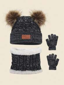 1套黑色幼兒2-3歲冬季保暖毛絨日常可愛針織帽、圍巾和手套套裝 - 黑色 - 查看 2