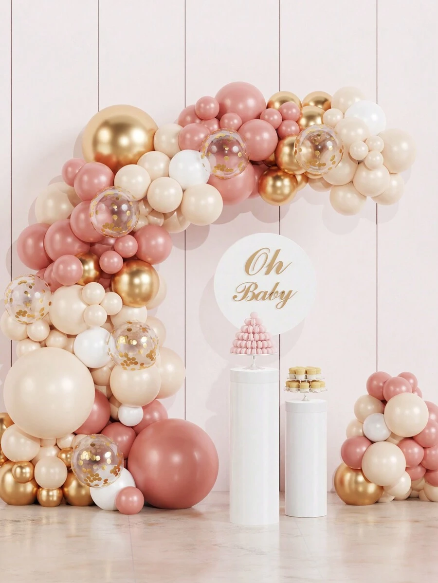 109pcs Tender Orange Retro Pink Metallic Gold Balloon Set+2pcs Glue Chain, Birthday Wedding 2025New Year Party Room Wall Background Decorations Balloon Garland Arch Kit Back To School Valentine Day - Multicolor - View 1