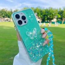 Móc khóa điện thoại Valentine 1 chiếc hình bướm và sao lấp lánh thiên hà, kèm dây đeo tay, chống nước, chống sốc, chống rơi, chống trầy xước, phiên bản quốc tế, không phải phiên bản nội địa. - màu xanh lá - Xem 1