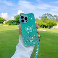 Móc khóa điện thoại Valentine 1 chiếc hình bướm và sao lấp lánh thiên hà, kèm dây đeo tay, chống nước, chống sốc, chống rơi, chống trầy xước, phiên bản quốc tế, không phải phiên bản nội địa. - màu xanh lá - Xem 8