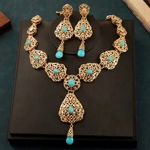 流行女式淚滴項鍊耳環套裝,鑲嵌彩色水鑽的摩洛哥婚禮項鍊,金色新娘首飾套裝 - 藍色 - 查看 2