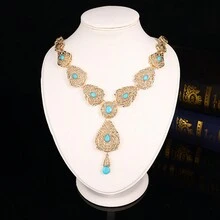 流行女式淚滴項鍊耳環套裝,鑲嵌彩色水鑽的摩洛哥婚禮項鍊,金色新娘首飾套裝 - 藍色 - 查看 3