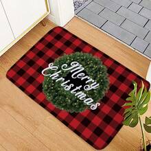 1件装红黑格子圣诞花环门垫，圣诞祝福地毯，圣诞装饰，现代加厚吸水防滑门垫，小地毯，圣诞迎宾垫，无异味加厚吸水防滑垫，户外门垫，圣诞礼物，装饰地毯，鞋底刮泥垫，泡沫垫，防尘防污前门垫，迎宾地毯 - 彩色 - 查看 3
