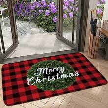 1件装红黑格子圣诞花环门垫，圣诞祝福地毯，圣诞装饰，现代加厚吸水防滑门垫，小地毯，圣诞迎宾垫，无异味加厚吸水防滑垫，户外门垫，圣诞礼物，装饰地毯，鞋底刮泥垫，泡沫垫，防尘防污前门垫，迎宾地毯 - 彩色 - 查看 2