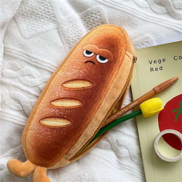 1pc Cute Cartoon Bread Shaped Pencil Case, Funny Student Stationery Bag With Emotion Patterns,Pencil Pouch,School Bag