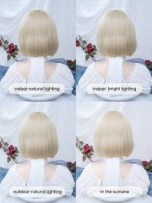 alicegarden 1 片合成耐热、短款 Bobo 直发假发，金色刘海，10 英寸长，全机器编织日常自然逼真假发 - 金色 - 查看 7