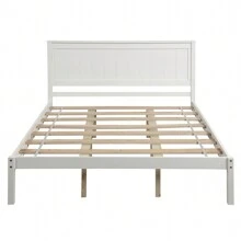 Nestfair Queen Wooden Platform Bed with Headboard and Wood Slat Support