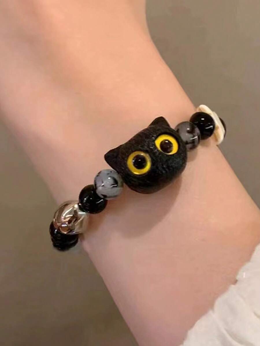 1pc Natural Stone Carved Wooden Beaded Cat Style Lovers Bracelet For Men/Women, Suitable For Daily Wear/Festivals/Parties, Great Gift For Friends - Yellow pupil black cat - View 1