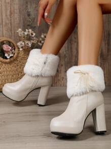 女士跨境新款奢华纯色 PU 圆头侧拉链闭合设计绒毛饰边时尚高跟靴 - 米色 - 查看 3