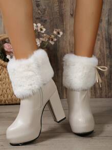 女士跨境新款奢华纯色 PU 圆头侧拉链闭合设计绒毛饰边时尚高跟靴 - 米色 - 查看 6