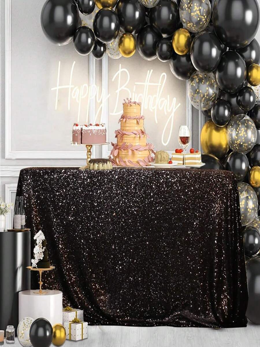 1pc 120x120cm Sequin Wedding Tablecloth Square Polyester Sequin Cover Shiny Tablecloth For Event Party - Black - View 1
