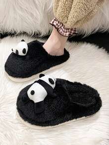 增高鮮為人知的設計感奶萌逼真黑白熊貓毛絨鞋秋冬女生舒適拖鞋戶外穿 - 黑色 - 查看 3