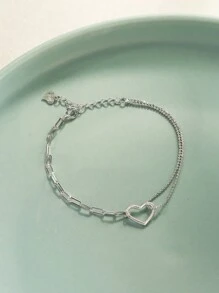 LEKANI 1 件 S925 纯银手链，带有独特的双层不对称爱心形链条，简约百搭设计，是送给好朋友、女朋友、生日或日常佩戴节日的完美礼物 - 銀色 - 查看 4