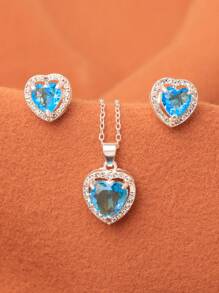 3pcs/Set Solid Color Heart Shaped Zirconia Earrings, Necklace & Pendant Set, 5 Colors Available Valentines
