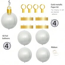 4組22英寸4d圓形氣球,附掛繩,扣環,雙面膠帶(鋁膜) - 閃亮金色,銀色和聖誕節裡的顏色裝飾 - 白色 - 查看 3