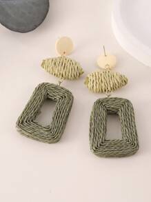 1pair Handmade Woven Paper Rope Earrings With Geometric Patchwork Design And Colorful Contrasting, Perfect For Vacation And Party Outfits - Dark Green - View 4