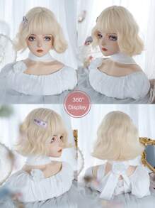 alicegarden 1入組 12 吋短波合成耐熱金色假髮，搭配瀏海，纖維製成，適合日常使用，自然逼真假髮（不含配件）