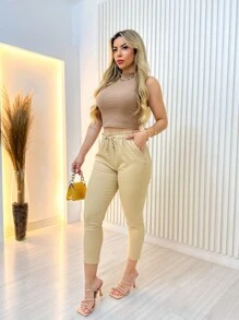 Women Pants - 卡其色 - 查看 2