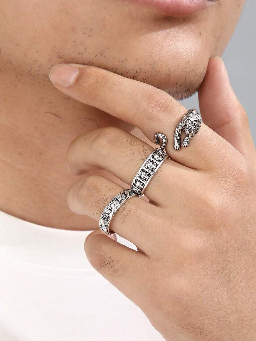 3pcs/set Fashionable Antique Silver Men's Rings, Daily Mix And Match Ring Set - Antique Silver - View 1