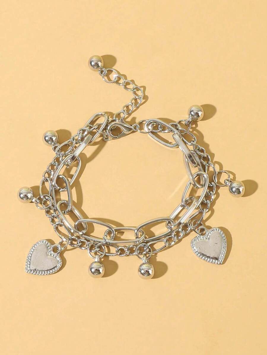 1pc Silver Double Heart Charm Bracelet - Silver - View 1