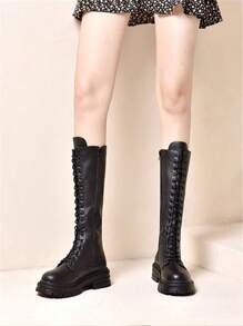 女士厚底騎士靴新風格摩托車靴 - 黑色 - 查看 3