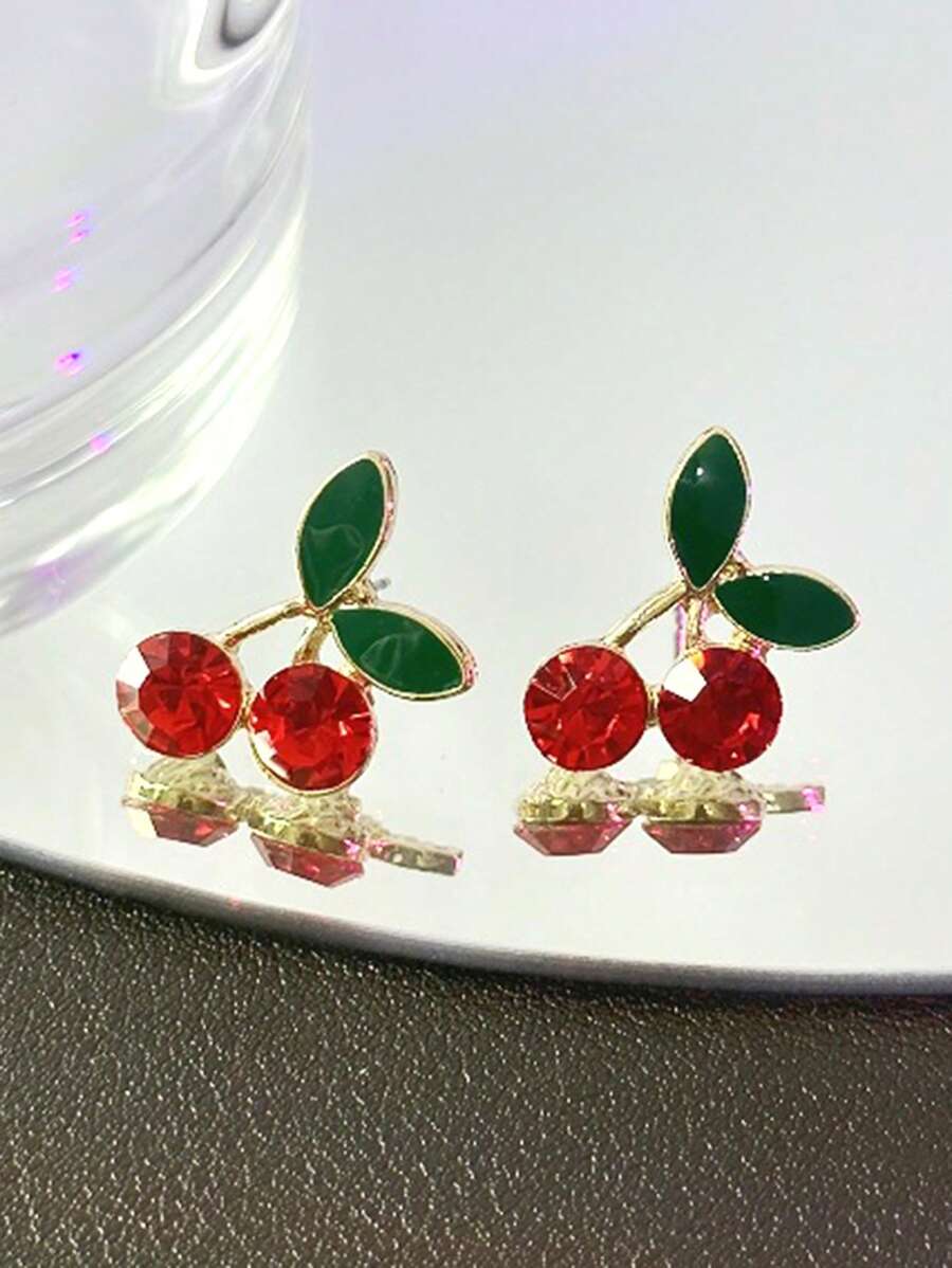 1pair Simple & Sweet Drip Oil Red Cherry Design Earrings With Elegant