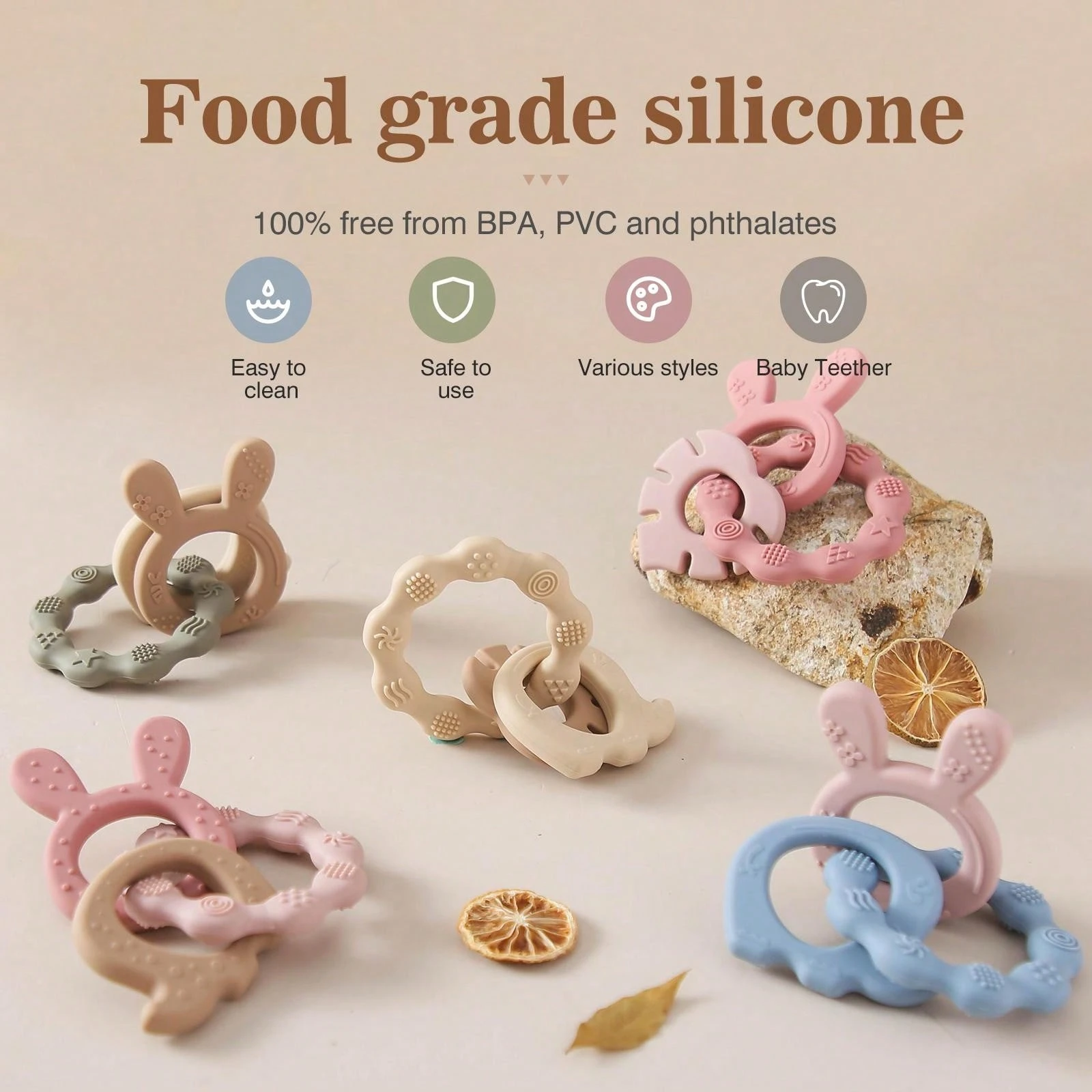 One Baby Silicone Teether Ring In Pink Color With Rabbit And Elephant ...