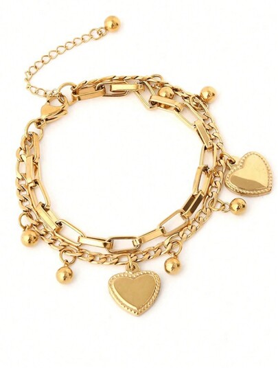 1 Pieza Pulsera Dorada Con Cadena De Doble Corazón
