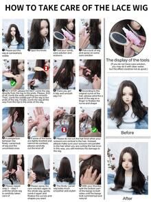 alicegarden The front lace is long and naturally wavy, and the wig is split in the middle. T-shaped lace 13*4*1 brown 22-inch semi-woven daily natural smooth realistic wig (including lace stickers and hairnets). - Brown - View 11