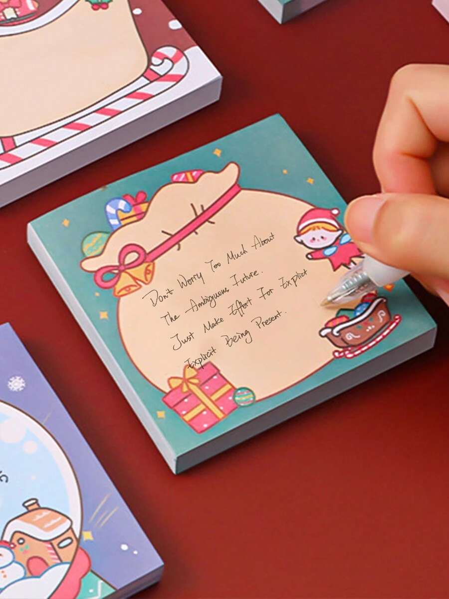 50 Sheets/Book Cartoon Christmas Sticky Notes Memo Pad For Students, Santa Claus Design - Green - View 1