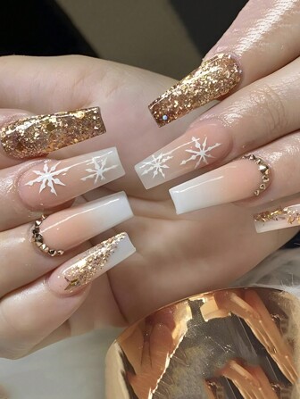 24 件长棺材经典优雅金色闪光雪花设计带水钻，适合女性妈妈妻子姐妹青少年女友、情人节、感恩节、生日、圣诞节礼物和 1 件指甲锉和 1 片指甲果冻胶按压指甲美甲用品，让您魅力四射