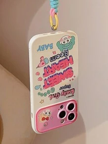 1pc Cartoon Girl Pattern & Light Green Lanyard Full Coverage Soft Shell Case For All Models Of Apple Phone - Multicolor - View 6