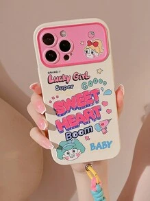 1pc Cartoon Girl Pattern & Light Green Lanyard Full Coverage Soft Shell Case For All Models Of Apple Phone - Multicolor - View 4