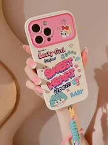 1pc Cartoon Girl Pattern & Light Green Lanyard Full Coverage Soft Shell Case For All Models Of Apple Phone - Multicolor - View 3