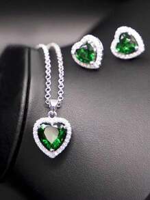 Bộ 3 chiếc/Bộ Hoa tai Cubic Zirconia hình trái tim màu xanh lá cây, Dây chuyền có 5 màu có sẵn Ngày lễ tình nhân, Mẹ, Mẹ, Ngày của Mẹ, Quà tặng - màu xanh lá - Xem 13