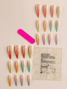 24入組彩虹漸變長尖形假指甲+1枚糖果口香糖+1枚指甲油修整條 - 彩色 - 查看 2