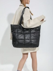 1個時尚簡約純色線織輕便手提肩包 - 黑色 - 查看 3