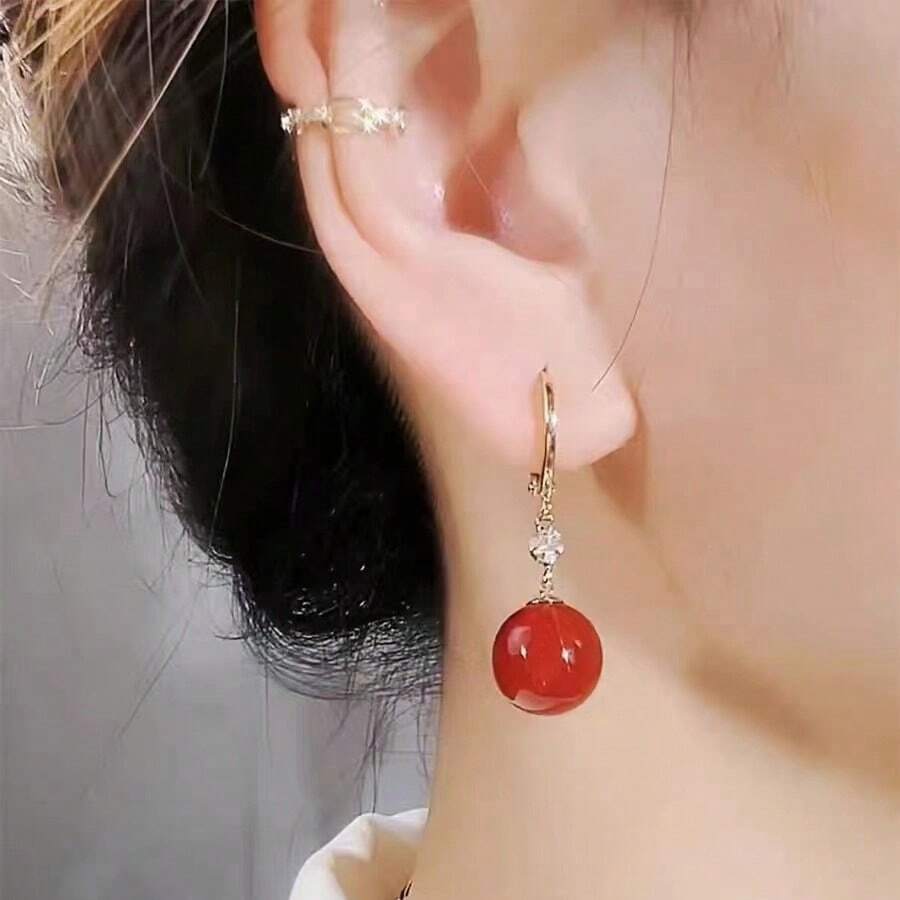 Unique Design Exquisite Red Bean-shaped Earrings With Shiny Rhinestone, Elegant Style, For Women - Gold - View 1