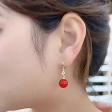 Unique Design Exquisite Red Bean-shaped Earrings With Shiny Rhinestone, Elegant Style, For Women - Gold - View 5