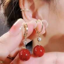 Unique Design Exquisite Red Bean-shaped Earrings With Shiny Rhinestone, Elegant Style, For Women - Gold - View 3