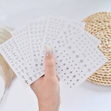 6入組金屬銀色指甲貼紙 Y2K 3D星形指彩貼紙，金屬自粘指甲藝術貼紙，金屬鏈扣心形鎖頸鏈天使翅膀指甲貼紙自粘指甲貼紙DIY - 銀色 - 查看 8