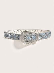 1pc Western Style Wide Studded Belt With Rhinestone Decor For Men And Women, Suitable For Jeans - Silver - View 5