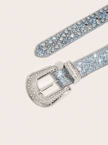 1pc Western Style Wide Studded Belt With Rhinestone Decor For Men And Women, Suitable For Jeans - Silver - View 2