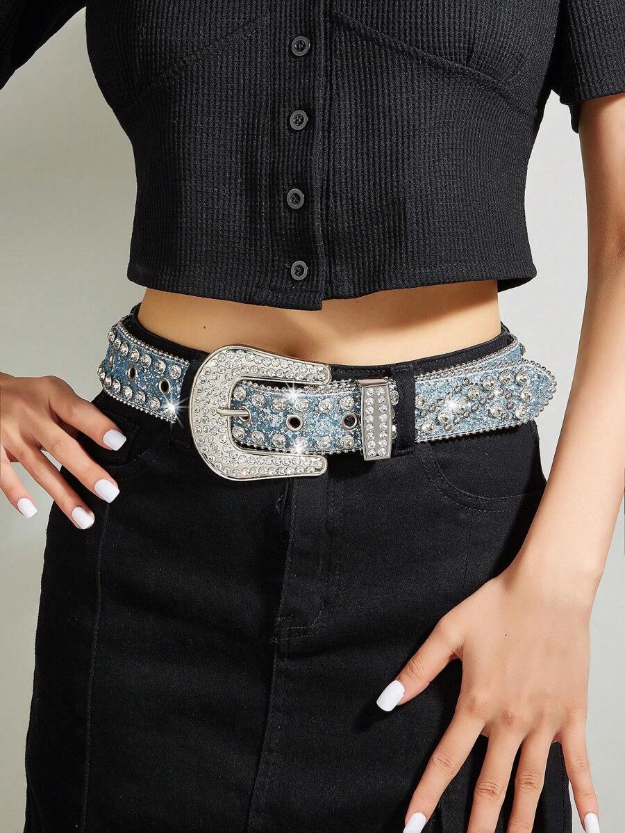 1pc Western Style Wide Studded Belt With Rhinestone Decor For Men And Women, Suitable For Jeans - Silver - View 1