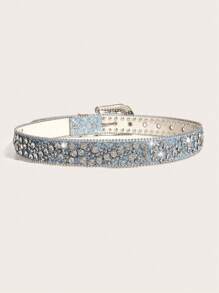 1pc Western Style Wide Studded Belt With Rhinestone Decor For Men And Women, Suitable For Jeans - Silver - View 4