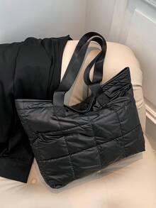 1個時尚簡約純色線織輕便手提肩包 - 黑色 - 查看 4